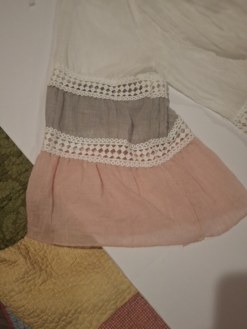 Boho Tiered Peasant Tunic with Crochet Trim - White, Taupe & Blush - Picture 4 of 9